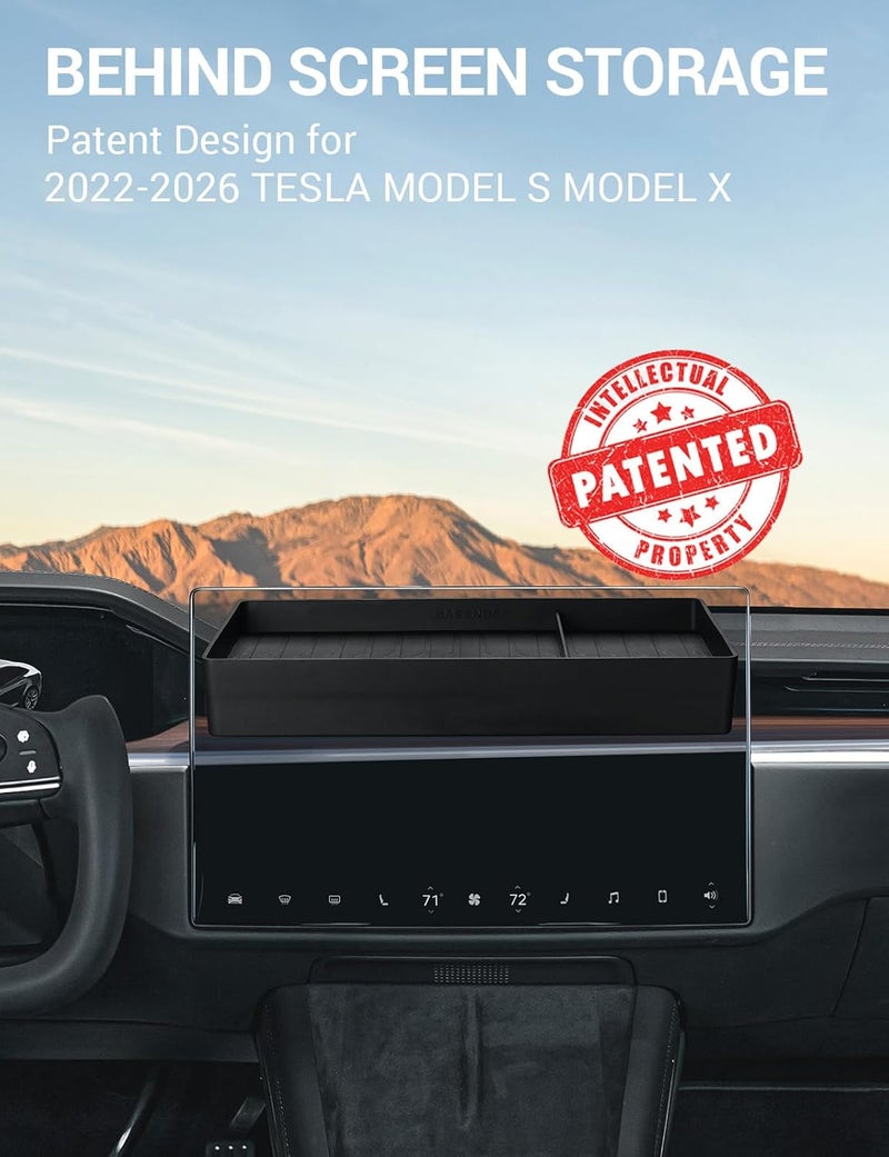 Basenor 2022-2026 Tesla Model X Model S Center Console Organizer Behind Screen Storage Box, Dashboard Hidden Tray, Non-Slip Sunglasses Card Tissue Holder, Accessories for Refresh Plaid Long Range - Image 2